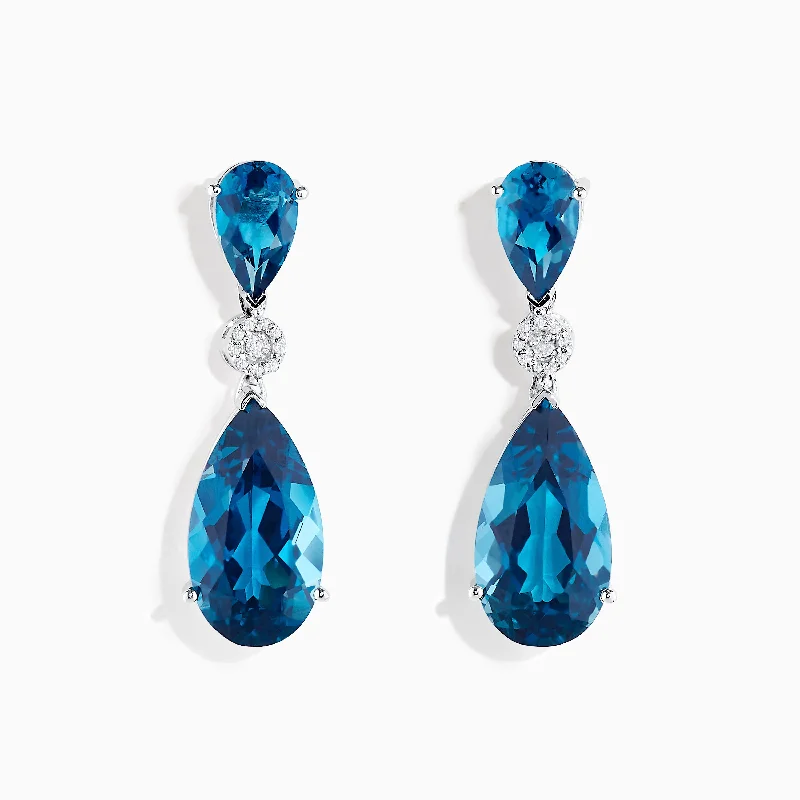 Ladies Earrings Clean Angles-Ocean Bleu 14K White Gold Blue Topaz and Diamond Drop Earrings