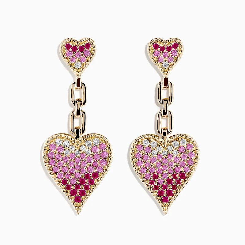 Ladies Earrings with Round Glow-Novelty 14K Yellow Gold Pink Sapphire and Diamond Heart Earrings