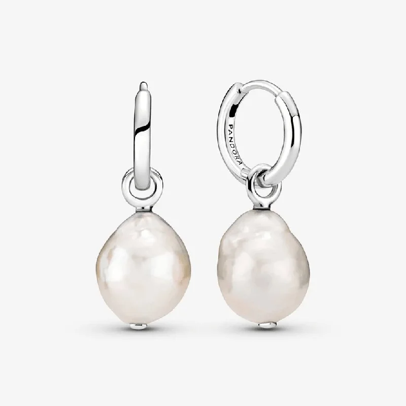 Ladies Earrings for Bridal Charm-PANDORA : Freshwater Cultured Baroque Pearl Hoop Earrings