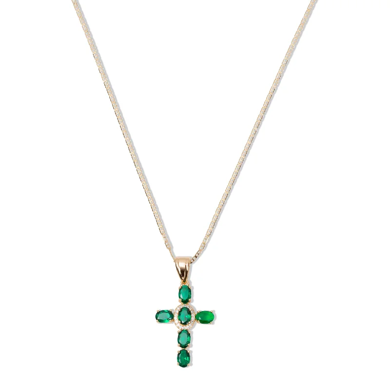 Ladies Necklaces with Mystic Charoite-THE GREEN ICED OUT CROSS PENDANT NECKLACE