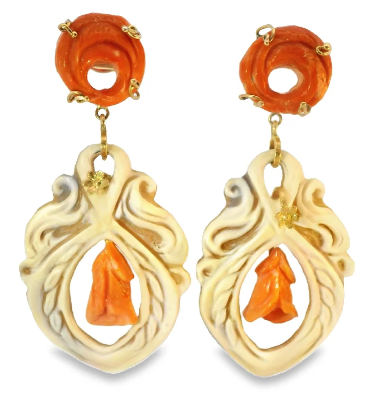 Ladies Earrings with Round Glow-Antique Estate 18K Gold Carved Cameo Red Coral Undyed Drop Dangle Earrings