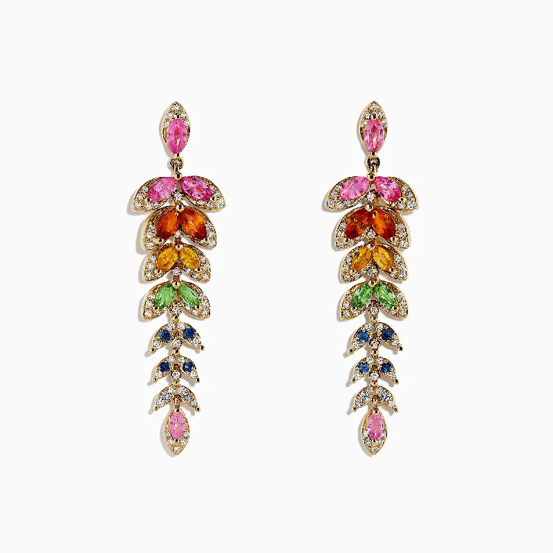 Ladies Earrings with Coral Spark-Watercolors 14K Gold Multi Sapphire and Diamond Earrings, 3.65 TCW