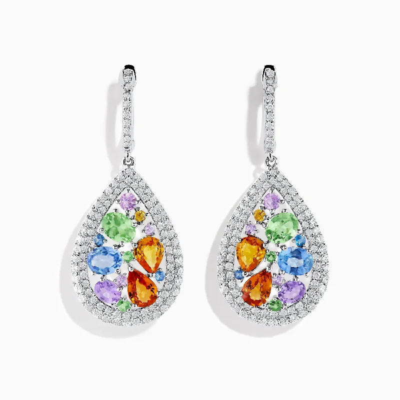 Ladies Earrings Quiet Elegance-Watercolors 14K White Gold Multi Sapphire and Diamond Earrings