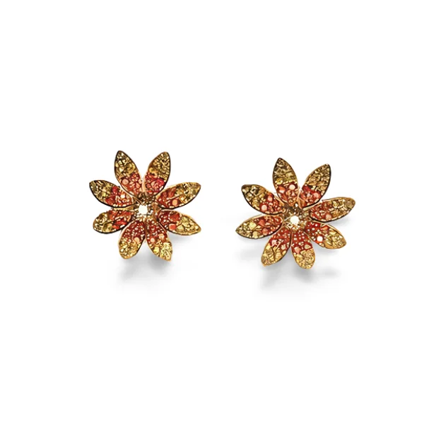 Ladies Earrings with Pink Eudialyte-Estate 14K Yellow Gold Diamond Red Sapphire Flower Stud Earrings Studs