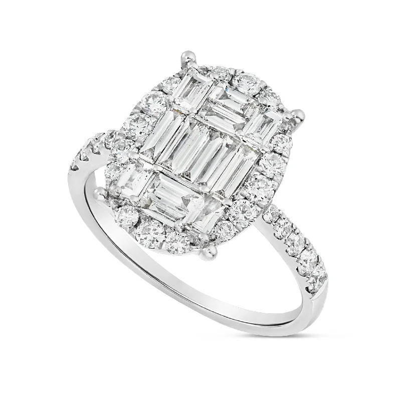 Ladies Engagement Rings Oval Shine-18K White Gold 1.60ct Oval Baguette Diamond Cluster Engagement Ring