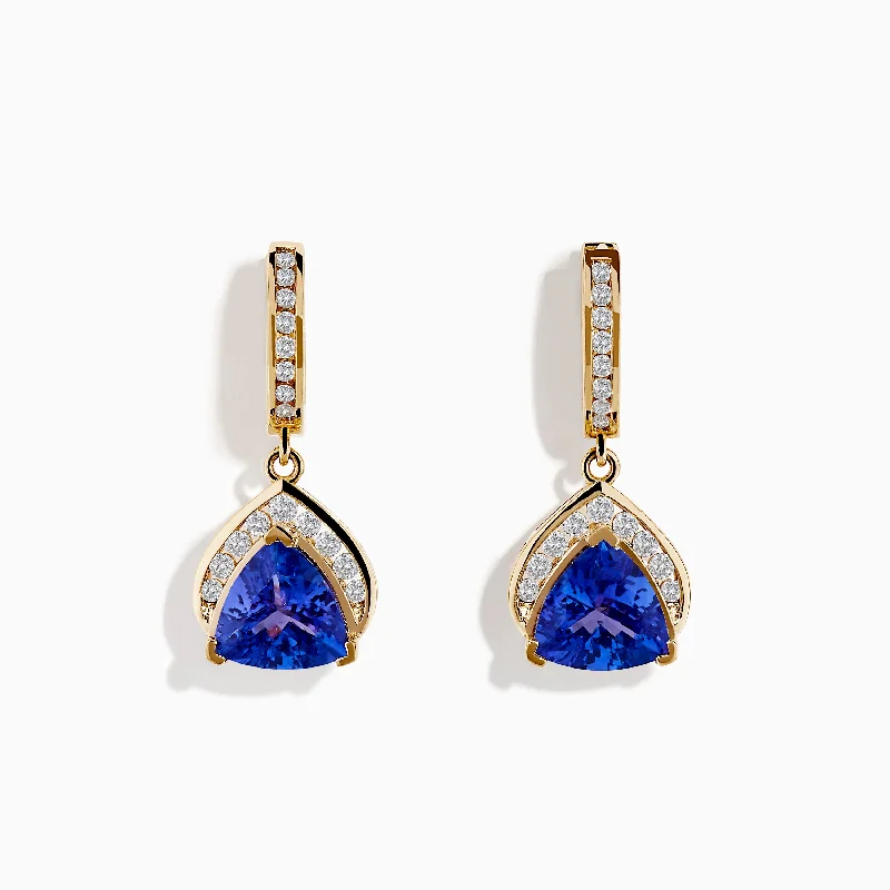 Ladies Earrings with Coral Spark-Nahla Siri 14K Yellow Gold Trillion Tanzanite and Diamond Earrings