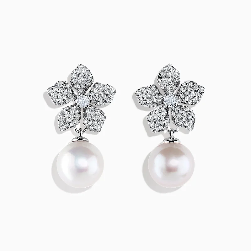 Ladies Earrings with Gold Milarite-14K White Gold Diamond Flower and Fresh Water Pearl Drop Earrings