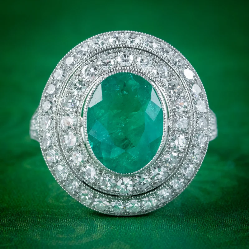 Ladies Floral Rings -Art Deco Style Emerald Diamond Cocktail Ring 2.39ct Emerald