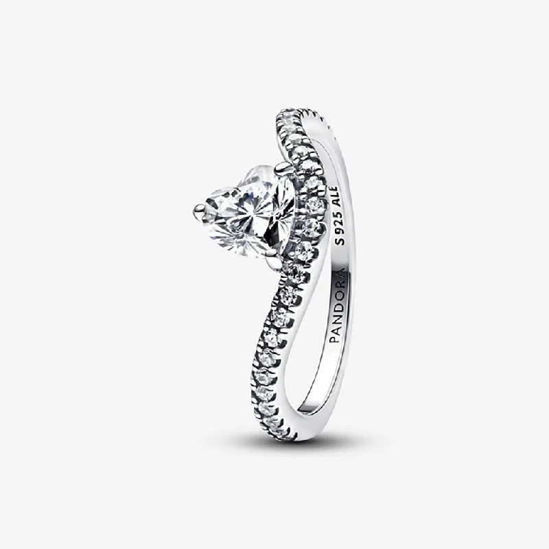 Ladies Band Rings -PANDORA : Wavy Pavé Heart Ring