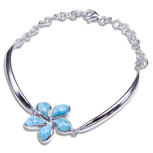 Ladies Serenity Stone Bracelets -Larimar Plumeria Sterling Silver Bracelet