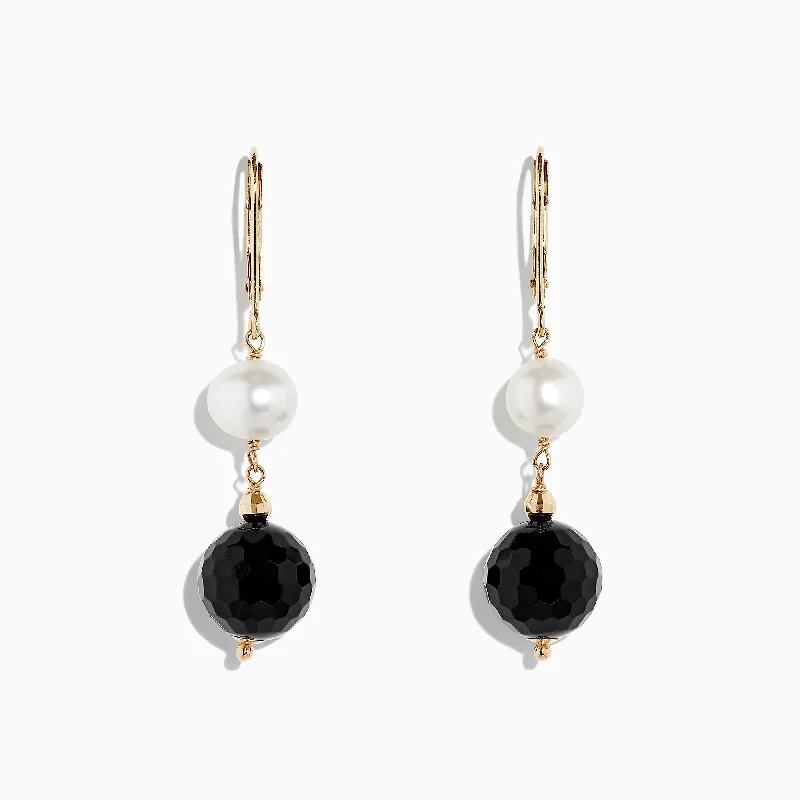 Ladies Earrings Easy Cost-14K Yellow Gold Onyx and Cultured Fresh Water Pearl Drop Earrings, 14.50 TCW