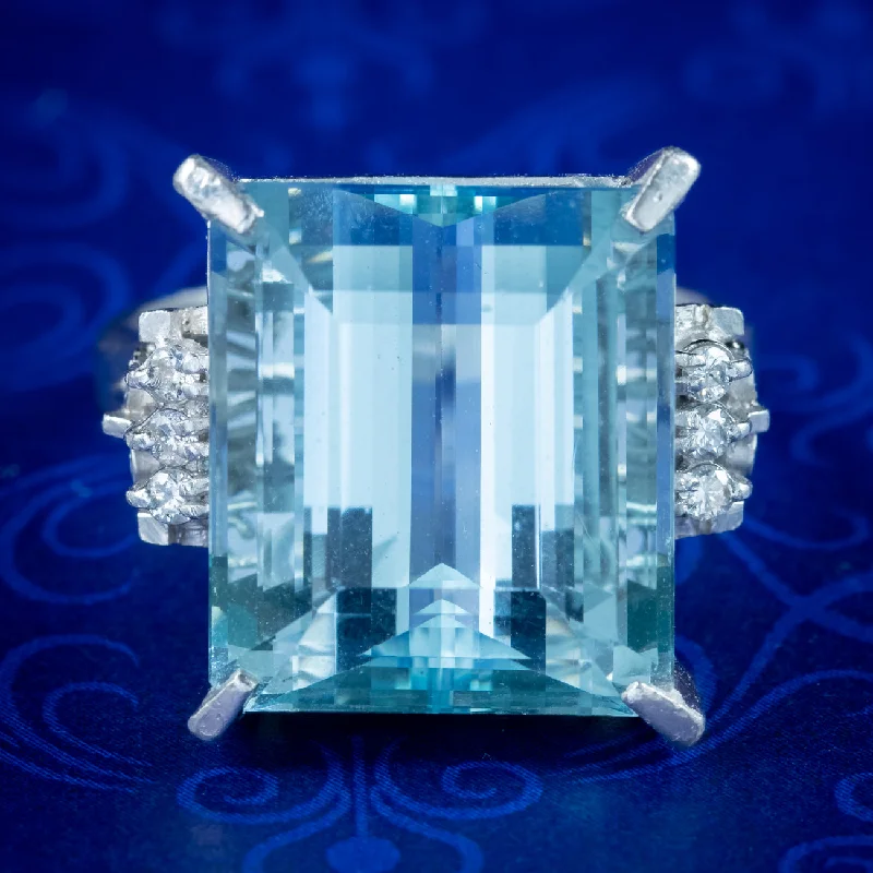 Ladies Multicolor Rings -Art Deco Style Aquamarine Diamond Cocktail Ring 14.88ct Aqua