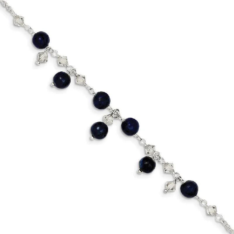 Ladies Zirconia Sparkle Bracelets -Sterling Silver Clear Crystal And Blue Lapis Anklet Bracelet, 9 Inch