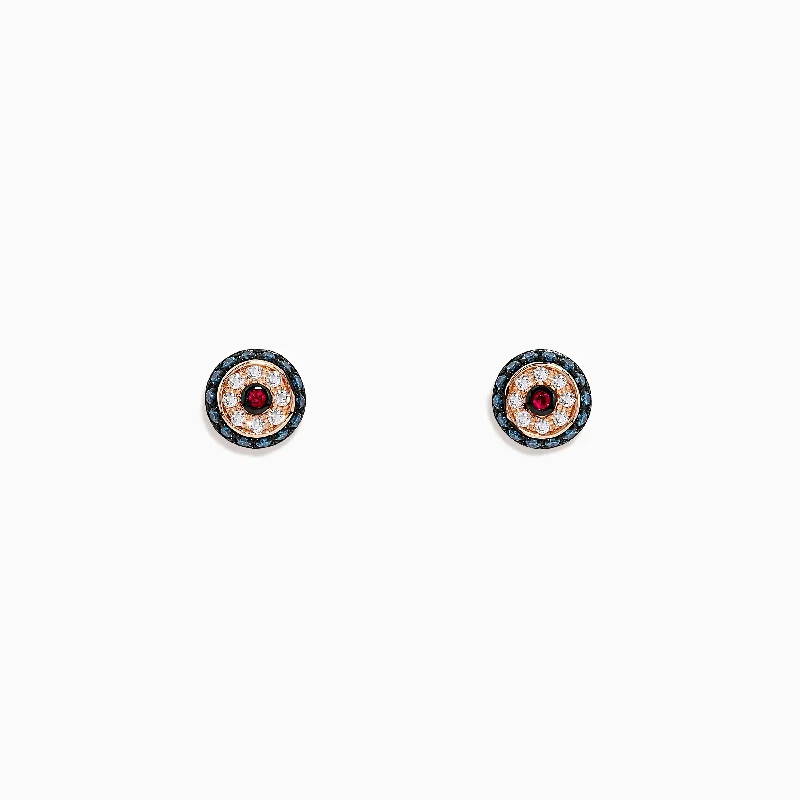 Ladies Earrings for Photo Shine-Novelty 14K Gold Ruby, White & Blue Diamond Evil Eye Earrings, 0.26 TW