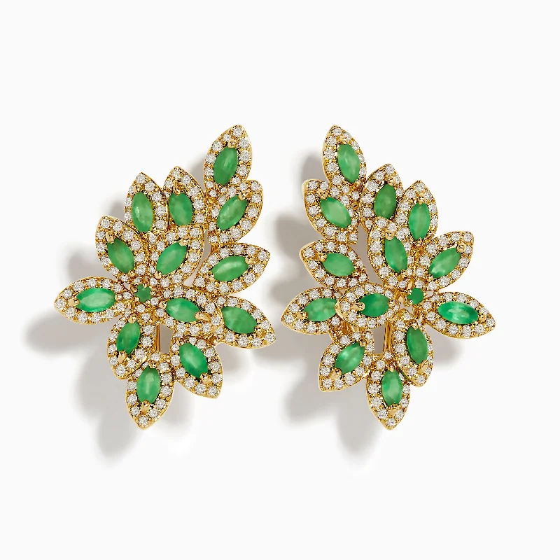 Ladies Earrings with Spiral Glow-14K Yellow Gold French Clip Emerald and Diamond Statement Earrings, 2.95 TCW