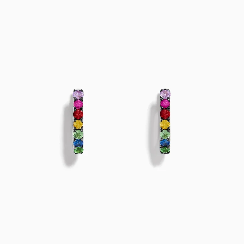 Ladies Earrings Petite Shine-Watercolors 14K White Gold Multi Sapphire Huggie Hoop Earrings