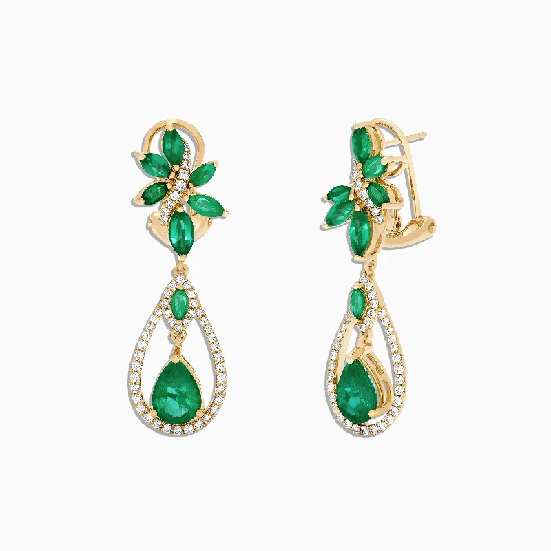 Ladies Earrings for Elder Shine-Brasilica 14K Yellow Gold Emerald and Diamond Earrings, 4.62 TCW