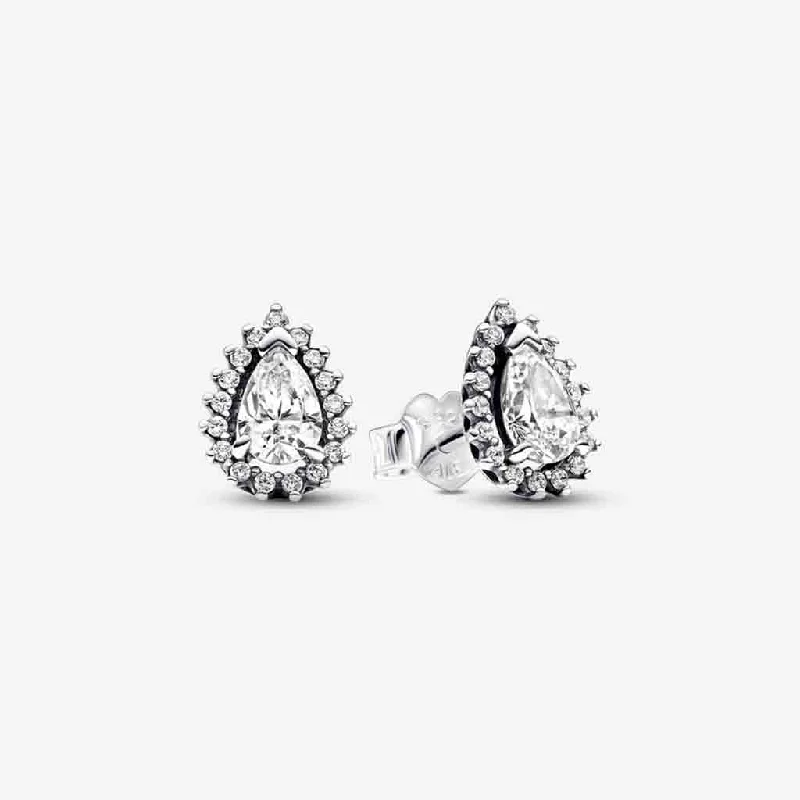 Ladies Earrings with Plum Axinite-PANDORA : Sparkling Pear Halo Stud Earrings