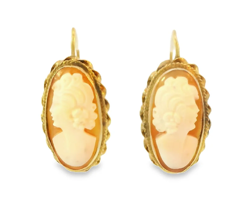 Ladies Earrings with Pure Danburite-Antique Estate 14K Yellow Gold Shell Cameo Drop Earrings