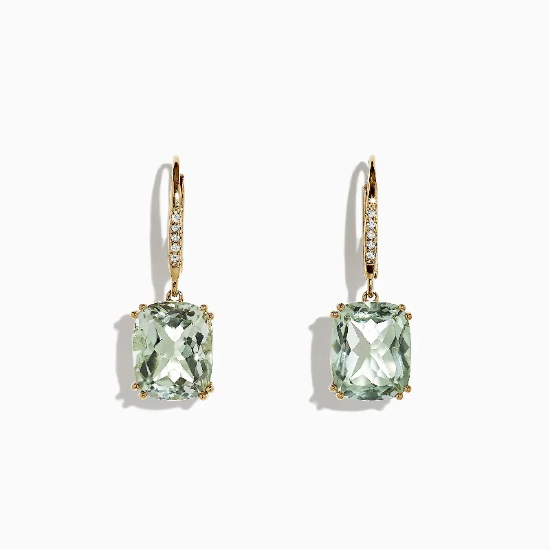 Ladies Earrings with Silver Charm-14K Yellow Gold Green Amethyst and Diamond Earrings, 8.34 TCW