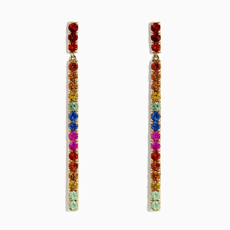 Ladies Earrings with Arrow Spark-Watercolors 14K Yellow Gold Multi Sapphire Drop Earrings, 2.50 TCW