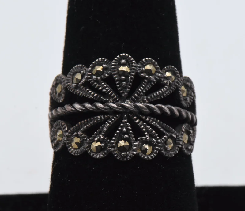 Ladies Unicorn Rings -Vintage Sterling Silver and Marcasite Filigree Ring - Size 7.75