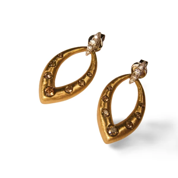 Ladies Earrings with White Phenakite-Magnificent Cordova 14K Two-Tone Gold Champagne Diamond Designer Earrings