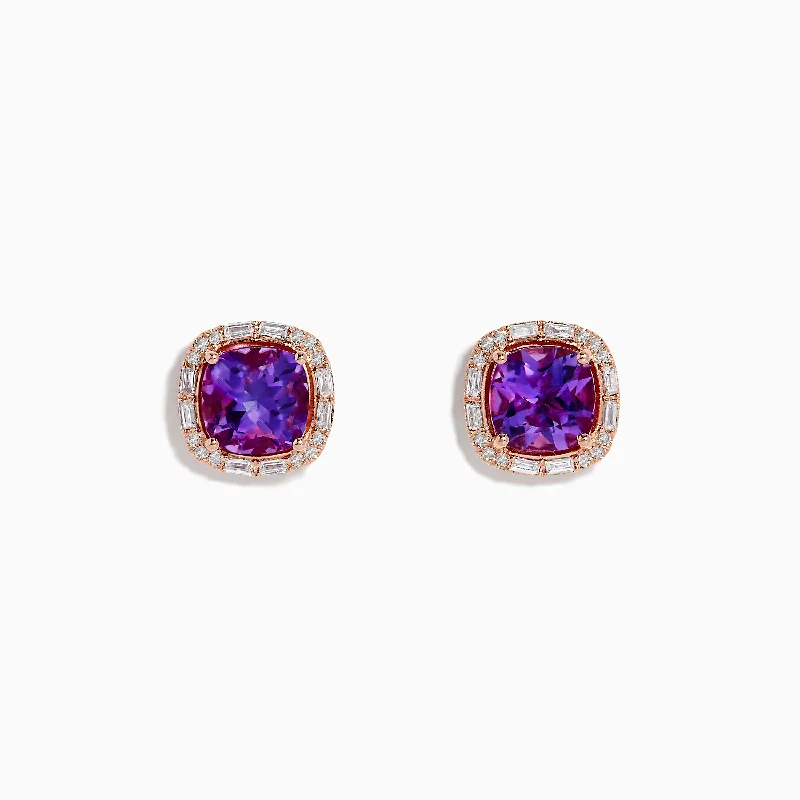 Ladies Earrings for Bridal Charm-14K Rose Gold Amethyst and Diamond Stud Earrings