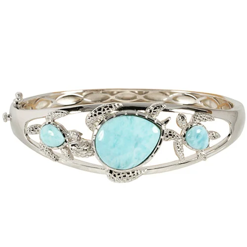 Ladies Galaxy Strand Bracelets -Sterling Silver Three Larimar Turtle Bangle Bracelet