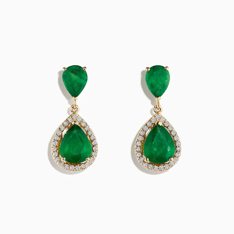 Ladies Earrings with Lock Shine-Brasillica 14K Yellow Gold Emerald and Diamond Drop Earrings