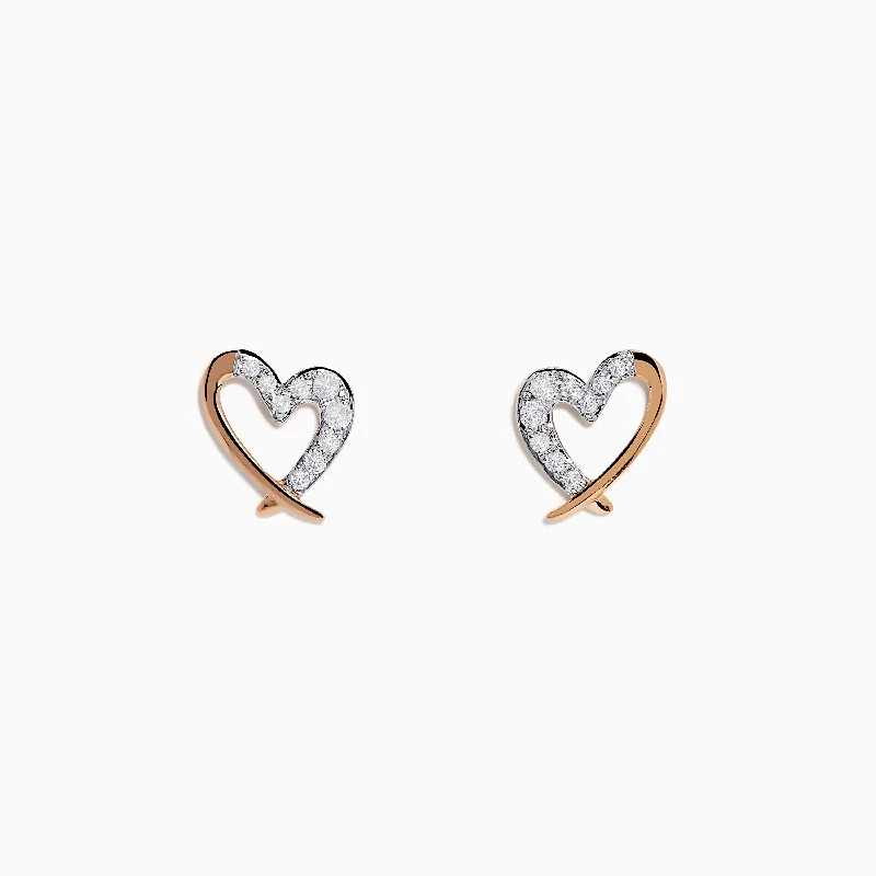 Ladies Earrings with Square Shine-14K Rose Gold Diamond Open Heart Earrings