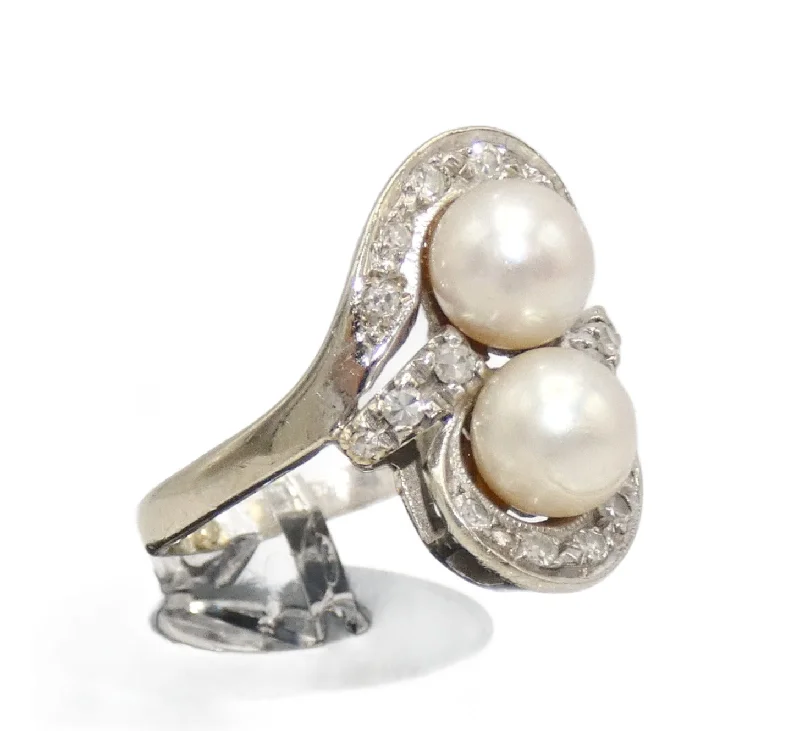 Ladies 925 Silver Rings -14K White Gold Pearl & Diamond Ring