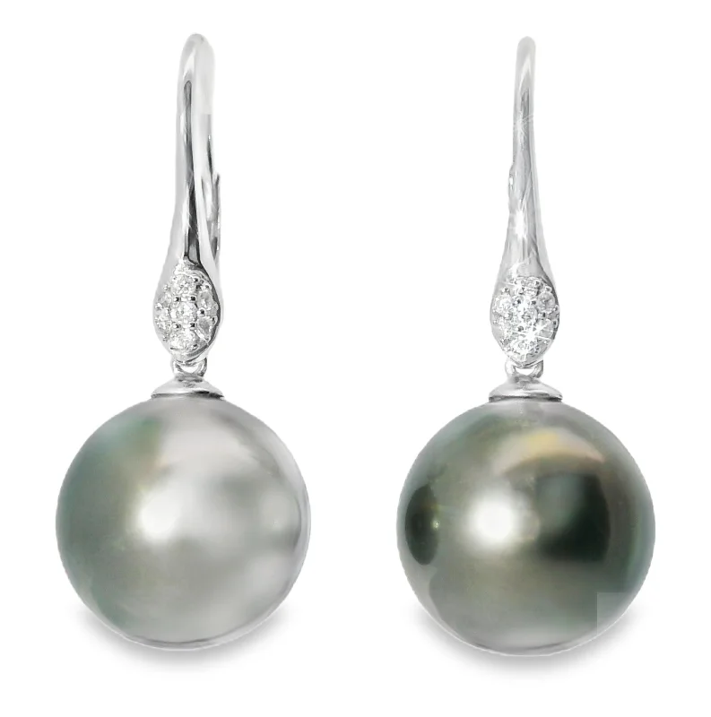 Ladies Earrings for Everyday Glow-Gorgeous 14K White Gold Diamond Tahitian Pearl Hanging Earrings