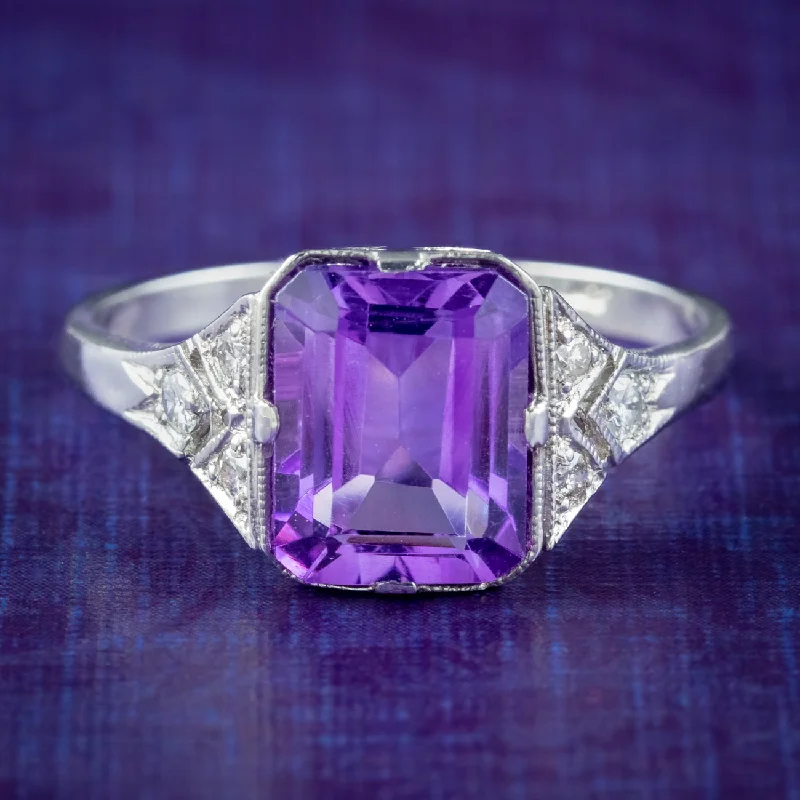 Ladies Glass Rings -Art Deco Style Amethyst Diamond Ring 2.8ct Amethyst