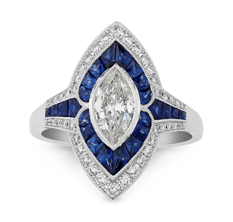 Ladies Ruby Rings -Marquise Diamond Ring with Sapphires