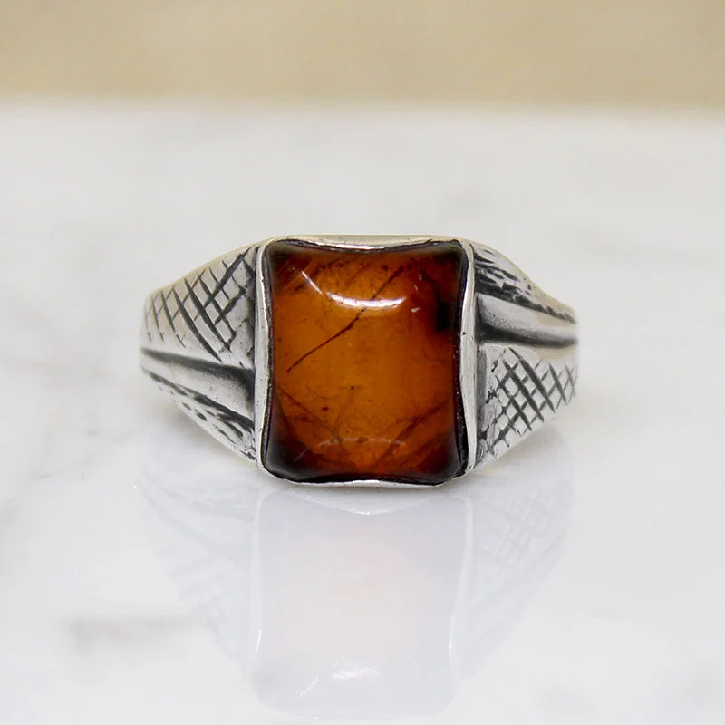 Ladies Thin Rings -Amber Cushion in Engraved Sterling Ring