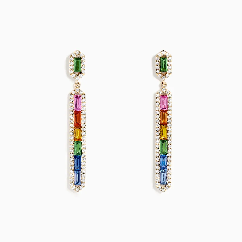 Ladies Earrings Dual Glow-Watercolors 14K Yellow Gold Multi Sapphire Drop Earrings