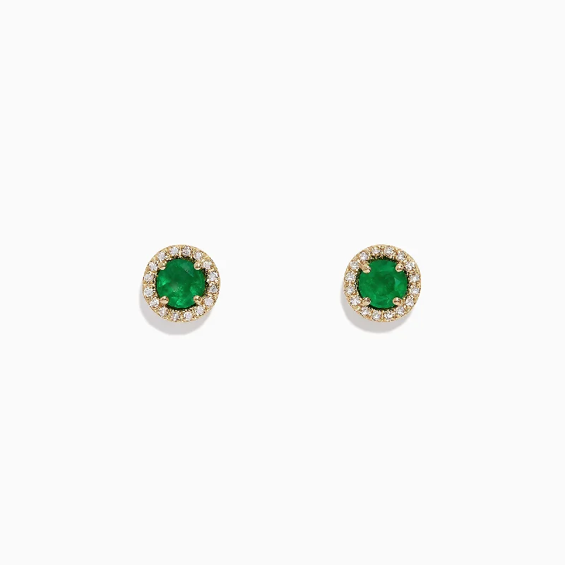 Ladies Earrings for Holiday Glow-Brasilica 14K Yellow Gold Emerald and Diamond Stud Earrings, 1.08 TCW