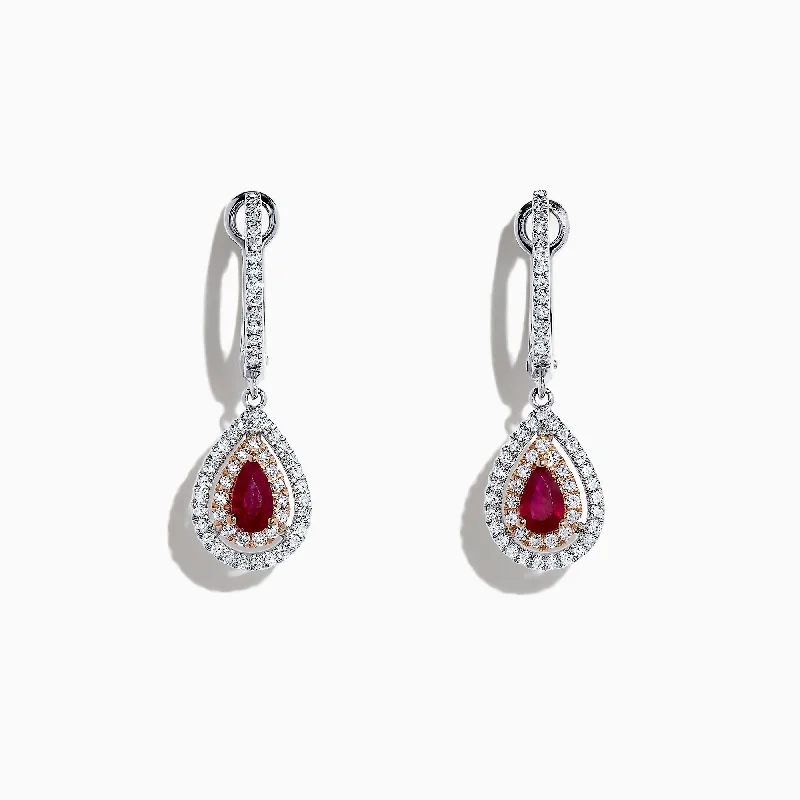 Ladies Earrings for Winter Shine-Ruby Royale 14K Two Tone Gold Pear Shaped Ruby Drop Earrings, 0.87 TCW