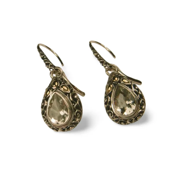 Ladies Earrings Crafted Charm-Unique Sterling Silver 18K Prasiolite Dangle Drop Earrings