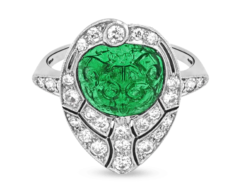 Ladies Braided Rings -Art Deco Carved Emerald and Diamond Ring