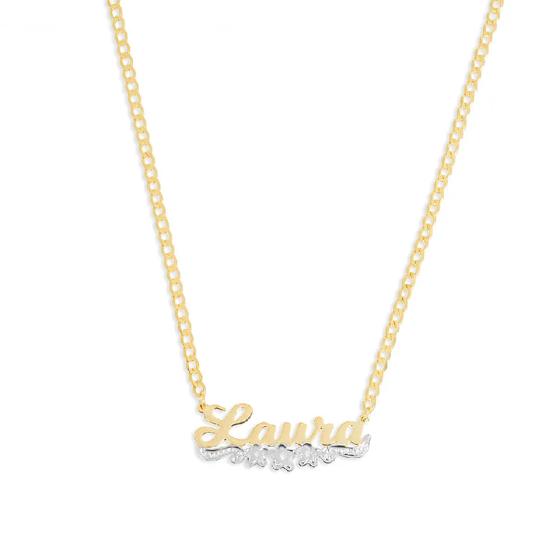 Ladies Necklaces with Aqua Topaz-THE CLASSIC FLOWER CUT NAMEPLATE NECKLACE