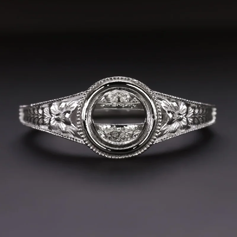 Ladies Engagement Rings Stack Glow-VINTAGE STYLE RING SETTING BEZEL MOUNT FLORAL ENGRAVED 14k WHITE GOLD ENGAGEMENT