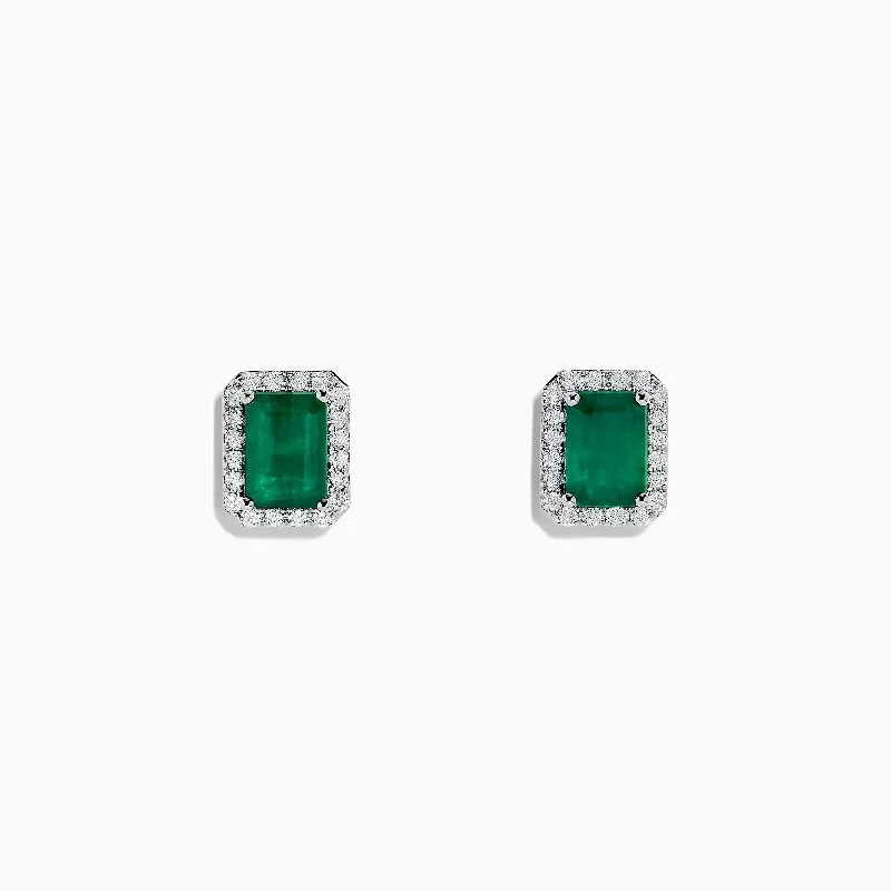 Ladies Earrings with Green Aventurine-14K White Gold Diamond Halo Emerald Stud Earrings, 2.15 TCW