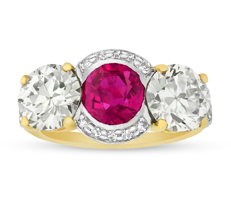 Ladies Stainless Steel Rings -Unheated Burma Ruby and Diamond Ring