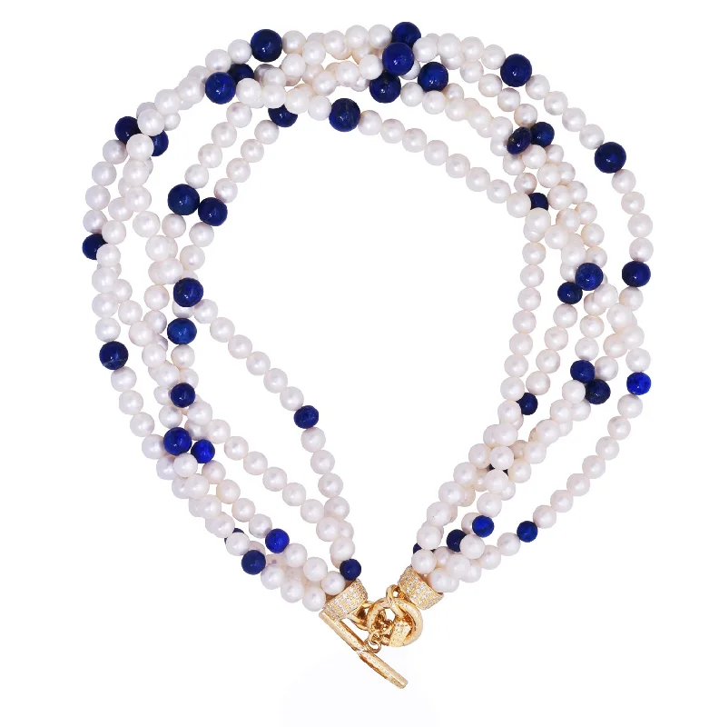 Ladies Necklaces with Crystal Glow-Toggle Necklace - Pearl Beads, Lapis Lazuli and Diamond  (2217A)