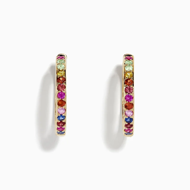 Ladies Earrings Bright Pop-Watercolor 14k Yellow Gold Multi Sapphire Hoop Earrings