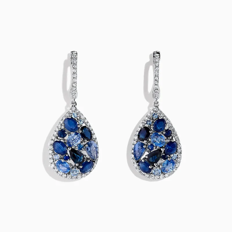 Ladies Earrings with Gold Fibrolite-14K White Gold Sapphire and Diamond Teardrop Earrings, 4.31 TCW