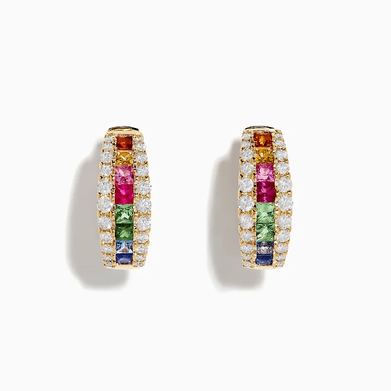 Ladies Earrings with Bronze Enstatite-Watercolors 14K Gold Multi Sapphire & Diamond Hoop Earrings