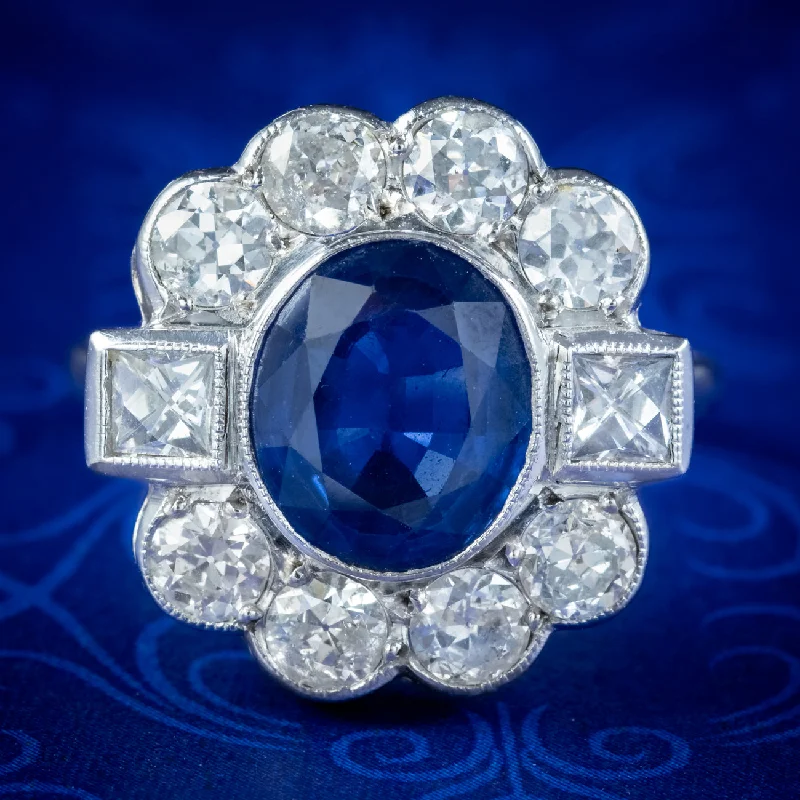 Ladies Abstract Rings -Art Deco Style Sapphire Diamond Ring 18ct White Gold 2.80ct Sapphire